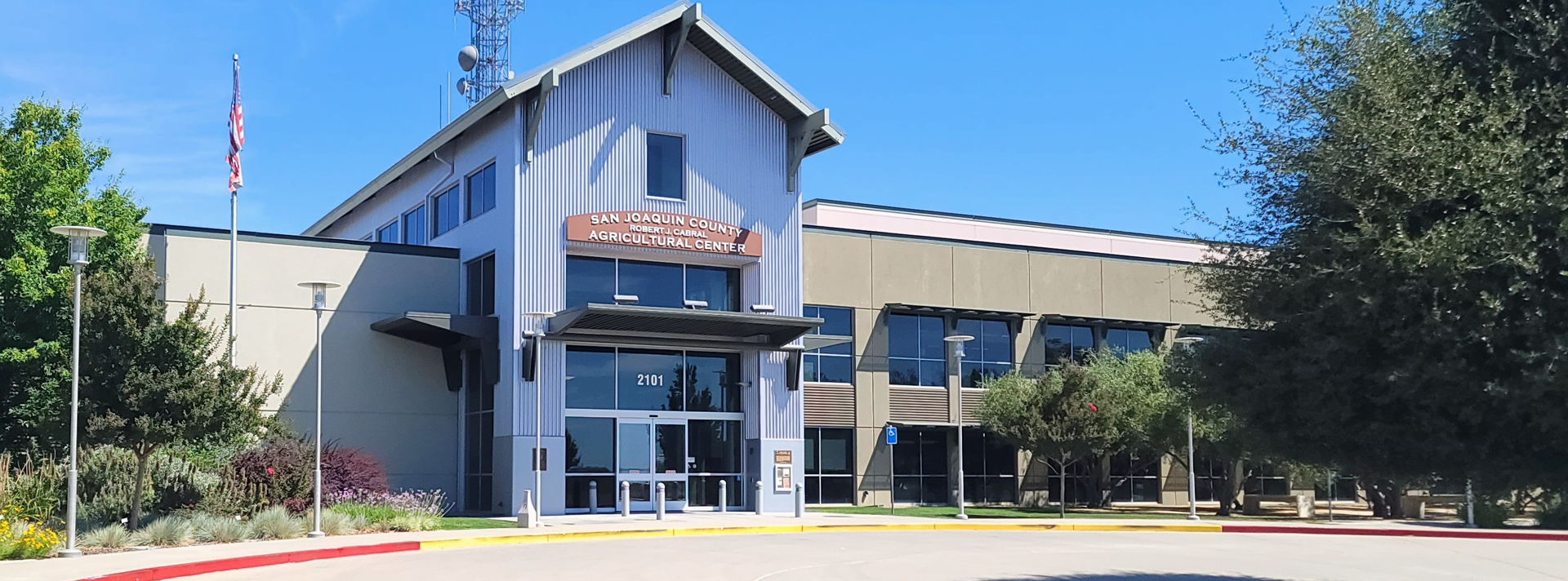 Front of Cabral Center on a sunny day