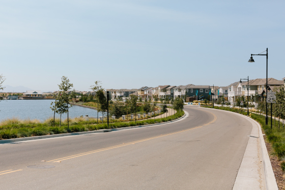 Road bending around body of water with homes in distance