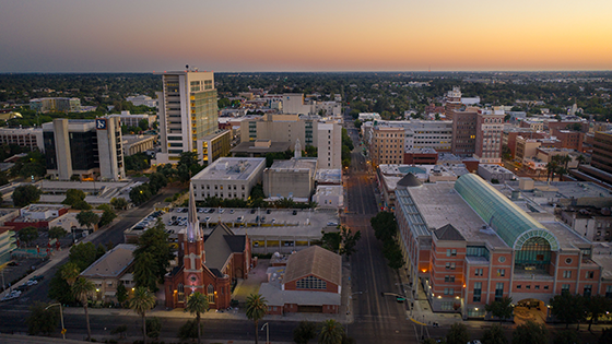 Aerial view of downtown Stockton at sunset