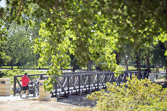 Person walks across a bridge on walking trail