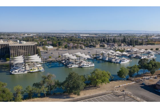 Overhead view of full marina